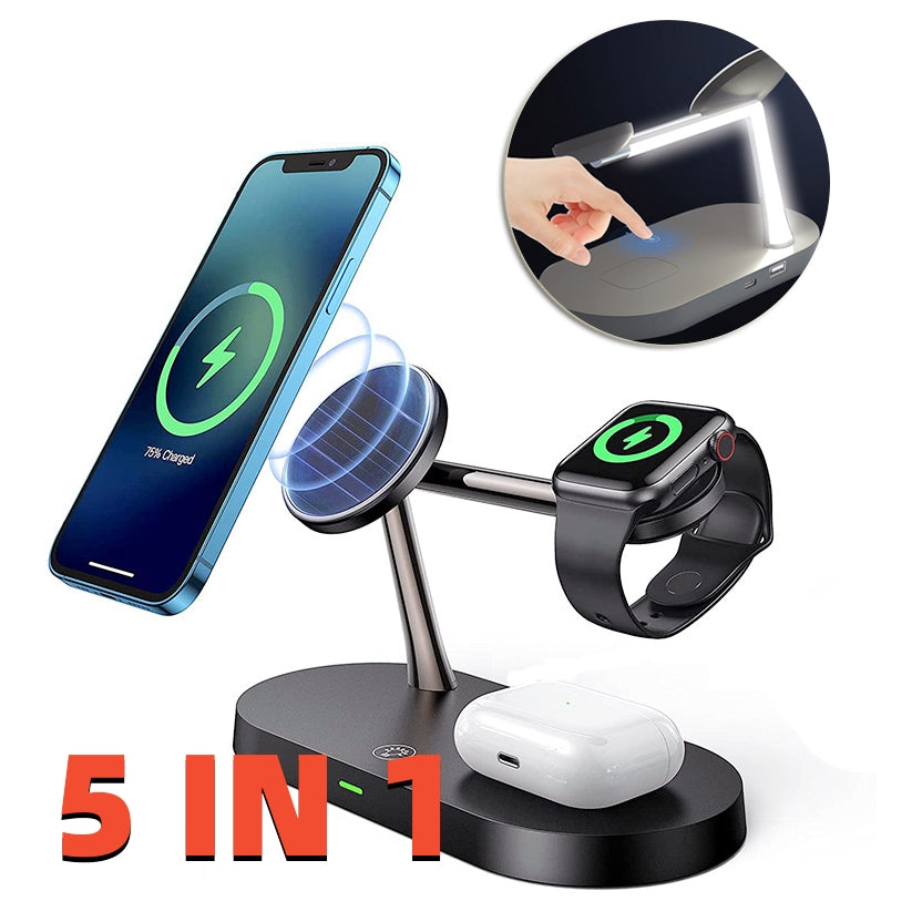 5-in-1 Magnetic Wireless Charging Station – Fast Charge Stand for Phone, Watch & Earbuds