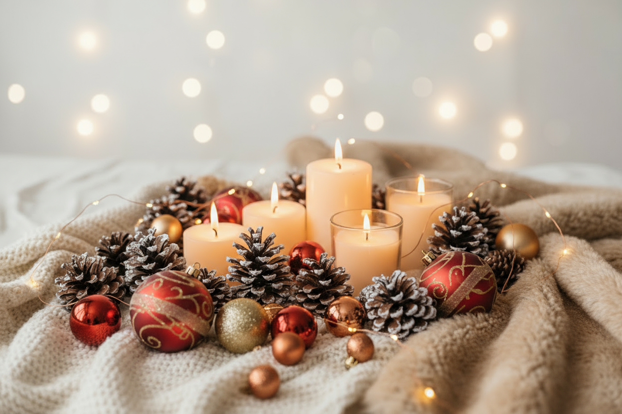“Festive winter scene with candles, pine cones, ornaments, and cozy textures, light neutral background with soft glowing lights, realistic online shopping presentation, slogan with no button: ‘Bring Home the Festive Spirit’”