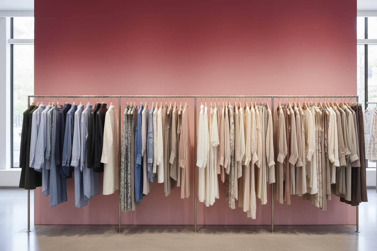 “Realistic banner showing clothes hanging on racks, mixed men’s section and women’s section, red and pink background, for modern clothing website without any button"