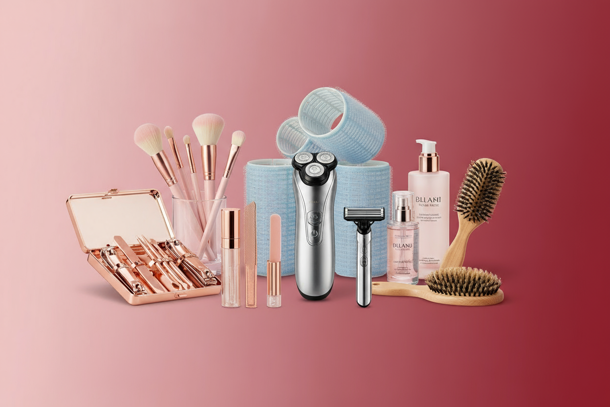 “Realistic e-commerce banner featuring beauty and grooming tools like hair rollers, electric razors, brushes, and manicure kits, arranged neatly on pink and red light background , high-quality product photography style”