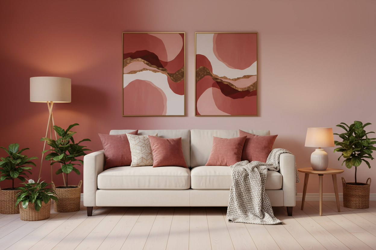 “Realistic e-commerce banner showing cozy home decor items like lamps, wall art, cushions, and plants, arranged in a stylish room with red and pink light background, online shopping style and banner size 1248 * 511 with no any buttons"