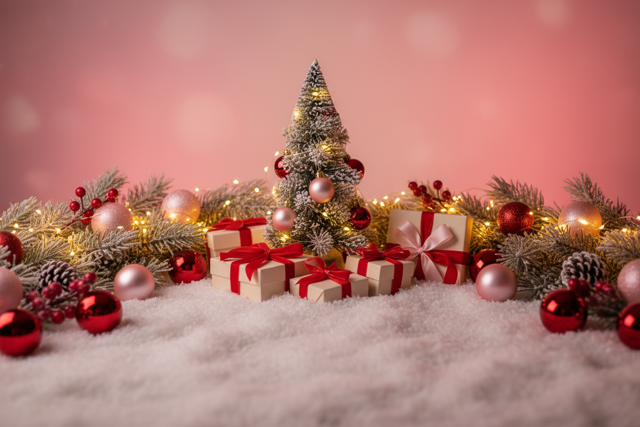 “Realistic e-commerce banner showing cozy winter decorations like pine branches, christmas tree, ornaments, fairy lights, and wrapped gifts, arranged on a soft snowy background with warm lighting and pink and red background without any sale button written word"